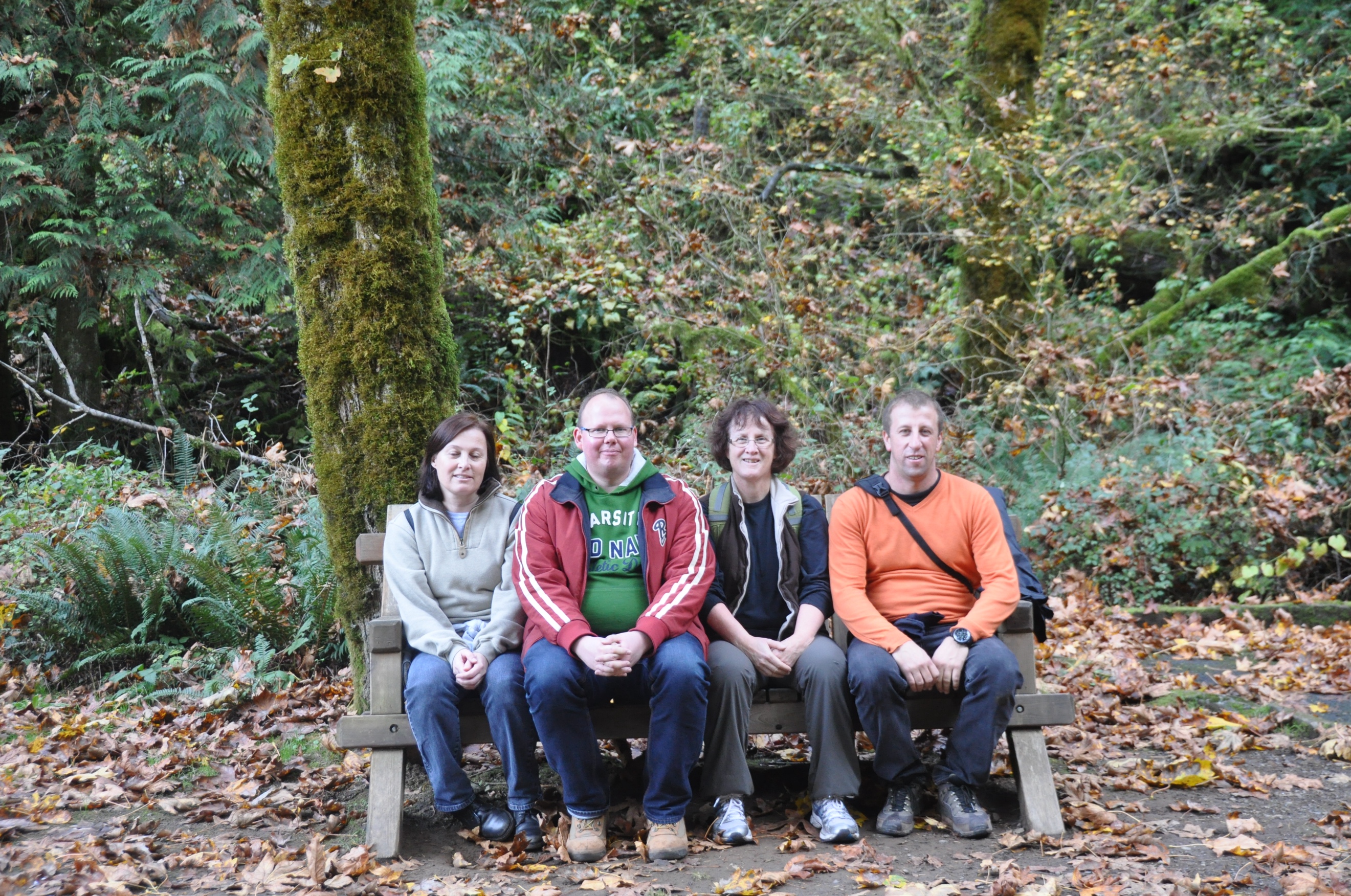Four people sitting on a bench. Evergreen trees and brush in the immediate background.